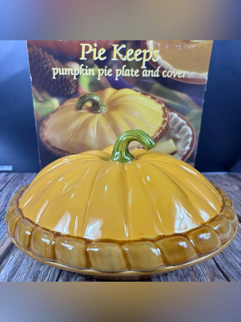 Pie Keeps Pumpkin Pie Plate & Cover - Yellow with Green Stem